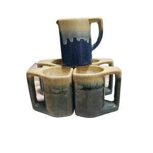 Padilla Mexico Glazed Dripware Stoneware Stacking Coffee Mugs 4 & 1 Creamer